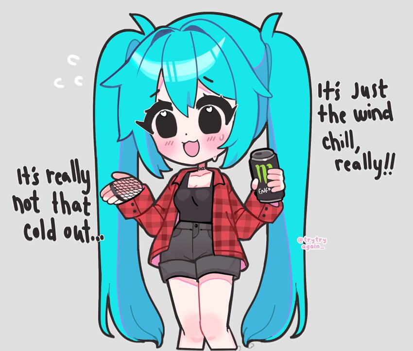 1girl aqua_hair black_tank_top blush can chibi choker feet_out_of_frame fingerless_gloves fishnet_gloves fishnets flannel gloves grey_shorts hatsune_miku highres holding holding_can long_hair long_sleeves midwestern_miku_(knic_toons) monster_energy open_mouth plaid_clothes plaid_shirt red_shirt shirt shorts smile solo standing sweat tank_top trytryagain twitter_username very_long_hair vocaloid