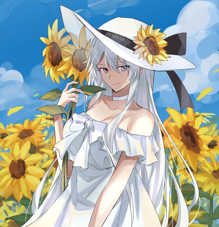 1girl absurdres alternate_costume azur_lane bare_shoulders black_ribbon blue_sky breasts character_name choker cleavage closed_mouth collarbone dress enterprise_(azur_lane) flower flower_hat hat hat_ribbon highres holding holding_flower lips looking_at_viewer medium_breasts off-shoulder_dress off_shoulder ribbon simple_background sky smile solo sunflower suprii upper_body white_choker white_dress white_hat