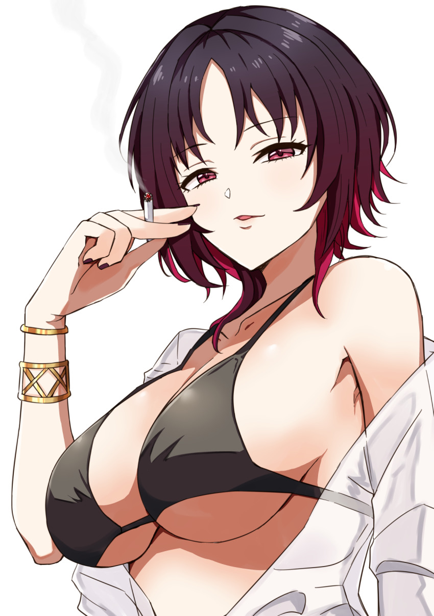 1girl alternate_breast_size bare_shoulders bikini black_bikini black_hair black_nails bracelet breasts cigarette gold_bracelet gradient_hair highres holding holding_cigarette jacket keikesu kisaragi_ren_(summer_c102) kisaragi_ren_(vtuber) large_breasts looking_at_viewer multicolored_hair off_shoulder parted_bangs parted_lips red_eyes red_hair see-through_clothes simple_background smoking solo streaked_hair swimsuit underboob upper_body virtual_youtuber vspo! white_background white_jacket