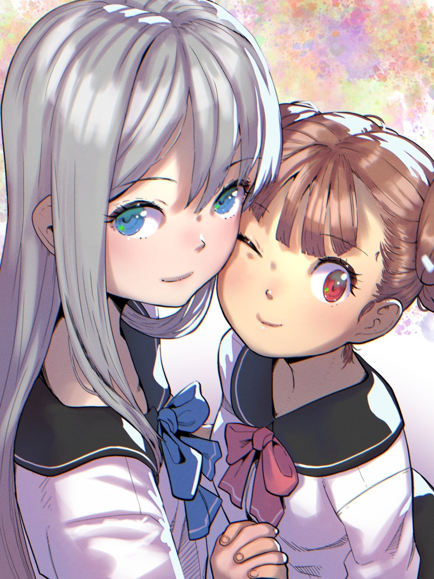 2girls blue_eyes blue_ribbon brown_hair closed_mouth face-to-face female_focus grey_hair highres holding_hands interlocked_fingers long_hair looking_at_viewer multiple_girls one_eye_closed original pink_ribbon red_eyes ribbon school_uniform short_hair smile soon_(c-u-soon) variant_set