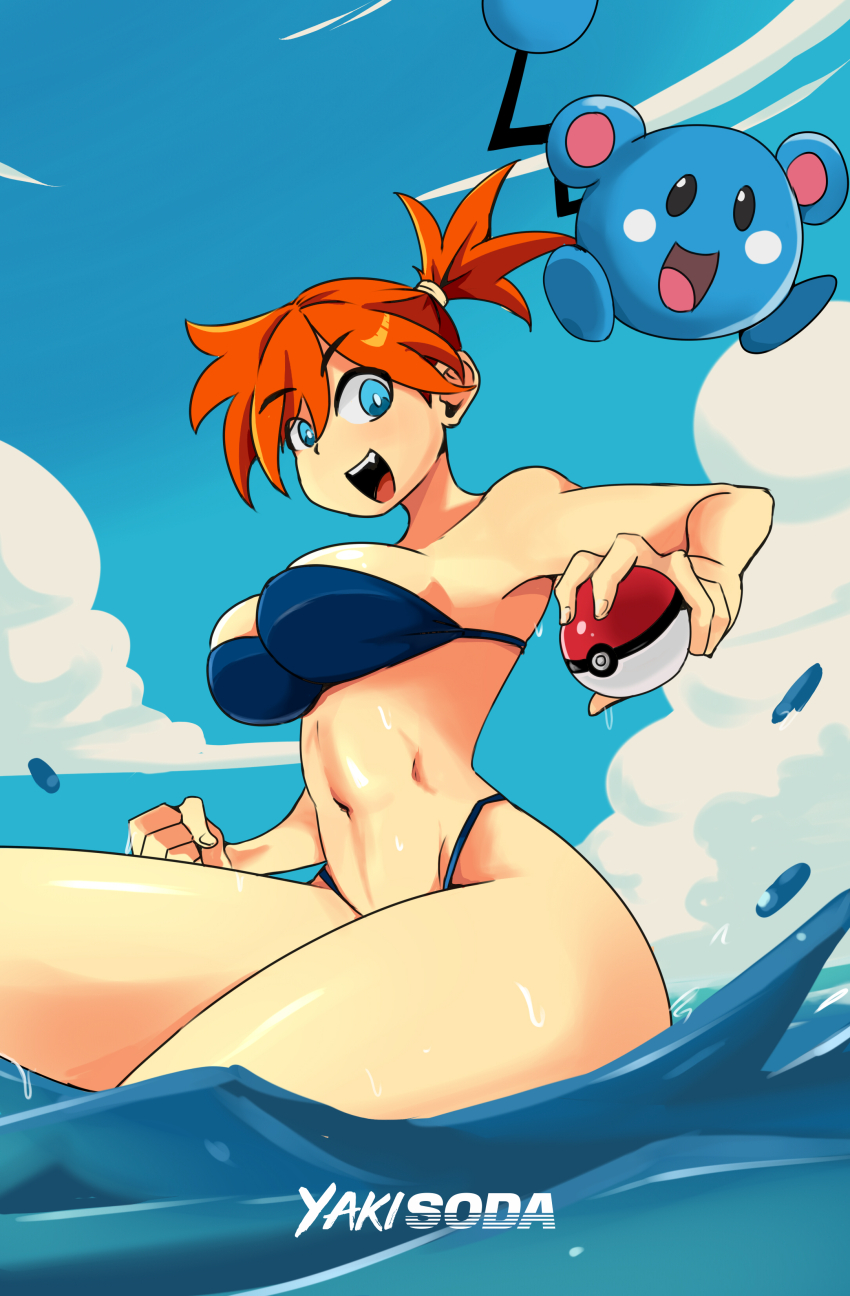 1girl :d absurdres armpits artist_name asymmetrical_hair azurill bare_shoulders bikini blue_bikini blue_eyes blue_sky blush breasts cleavage clenched_hand cloud creatures_(company) day game_freak gen_1_pokemon gen_3_pokemon gym_leader highleg highleg_bikini highres holding holding_poke_ball large_breasts legs looking_at_viewer misty_(pokemon) navel nintendo ocean one-piece_swimsuit open_mouth orange_hair outdoors partially_submerged poke_ball poke_ball_(basic) pokemon pokemon_rgby ponytail short_hair side_ponytail sky smile solo stomach strapless strapless_bikini strapless_one-piece_swimsuit swimsuit teeth thick_thighs thighs wading water wet yakisoda