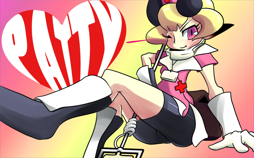 1girl ;) animal_ears bike_shorts blonde_hair fang female_focus freckles gloves hat highres horns latex latex_gloves mouth_mask nurse nurse_cap one_eye_closed patty_(skullgirls) pink_eyes purple_eyes shorts sitting skullgirls smile solo surgical_mask tomasu01 wink