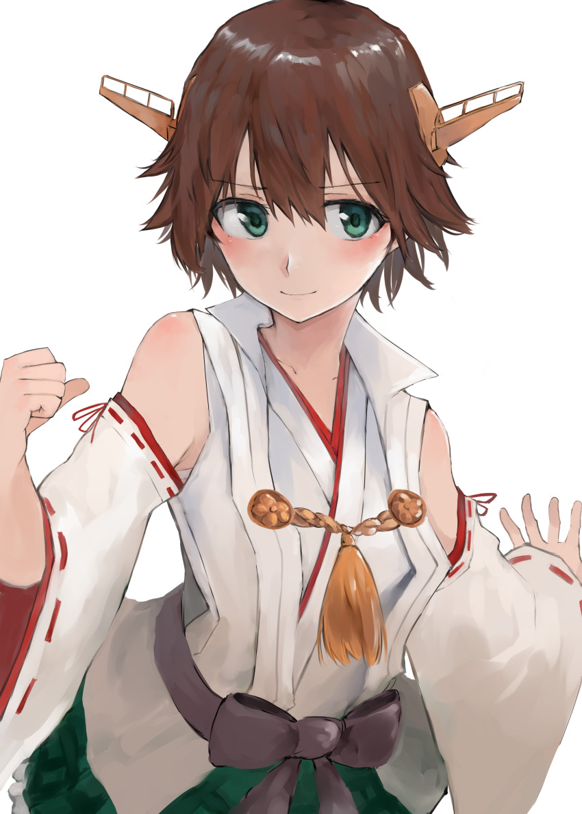 1girl 73suke absurdres bare_shoulders belt black_belt black_bow blush bow breasts brown_hair clenched_hand closed_mouth commentary detached_sleeves flipped_hair green_eyes green_skirt hair_between_eyes headgear hiei_(kancolle) highres japanese_clothes kantai_collection light_smile long_sleeves looking_at_viewer medium_breasts nontraditional_miko outstretched_arm plaid_clothes plaid_skirt pleated_skirt ribbon-trimmed_sleeves ribbon_trim rope shirt short_hair simple_background skirt sleeveless sleeveless_shirt smile solo upper_body white_background white_shirt wide_sleeves