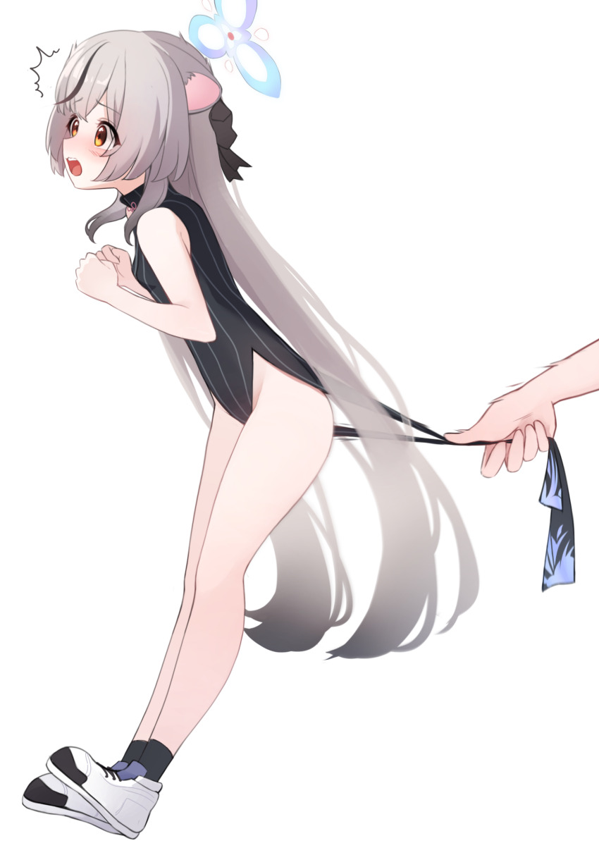 1girl ^^^ absurdres animal_ears bare_legs bare_shoulders black_dress black_hair black_socks blue_archive blue_halo blush breasts china_dress chinese_clothes clothes_grab commentary dress full_body grey_hair halo highres holding kokona_(blue_archive) long_hair motion_lines multicolored_hair no_panties open_mouth out_of_frame pelvic_curtain shoes simple_background small_breasts socks solo solo_focus streaked_hair striped_clothes striped_dress teeth tiger_ears tisofofo upper_teeth_only vertical-striped_clothes vertical-striped_dress very_long_hair white_background white_footwear