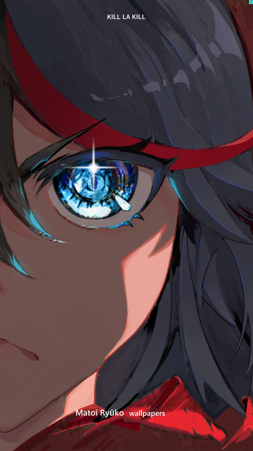 1girl black_hair blue_eyes commentary english_text highres kill_la_kill matoi_ryuuko omotxy school_uniform senketsu short_hair solo sparkle sparkling_eyes