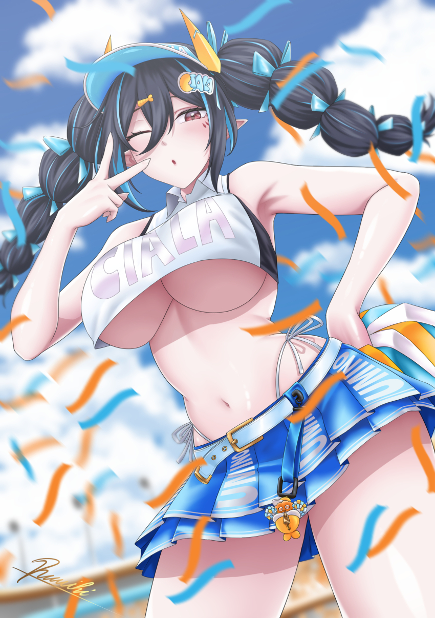 1girl absurdres armpits black_hair blue_skirt braided_twintails breasts brown_eyes cheerleader crop_top dutch_angle highres indie_virtual_youtuber large_breasts midriff miniskirt navel pointy_ears ramiki_(ramesgoag) shirt skirt sleeveless sleeveless_shirt solo twintails umino_ciala underboob v virtual_youtuber