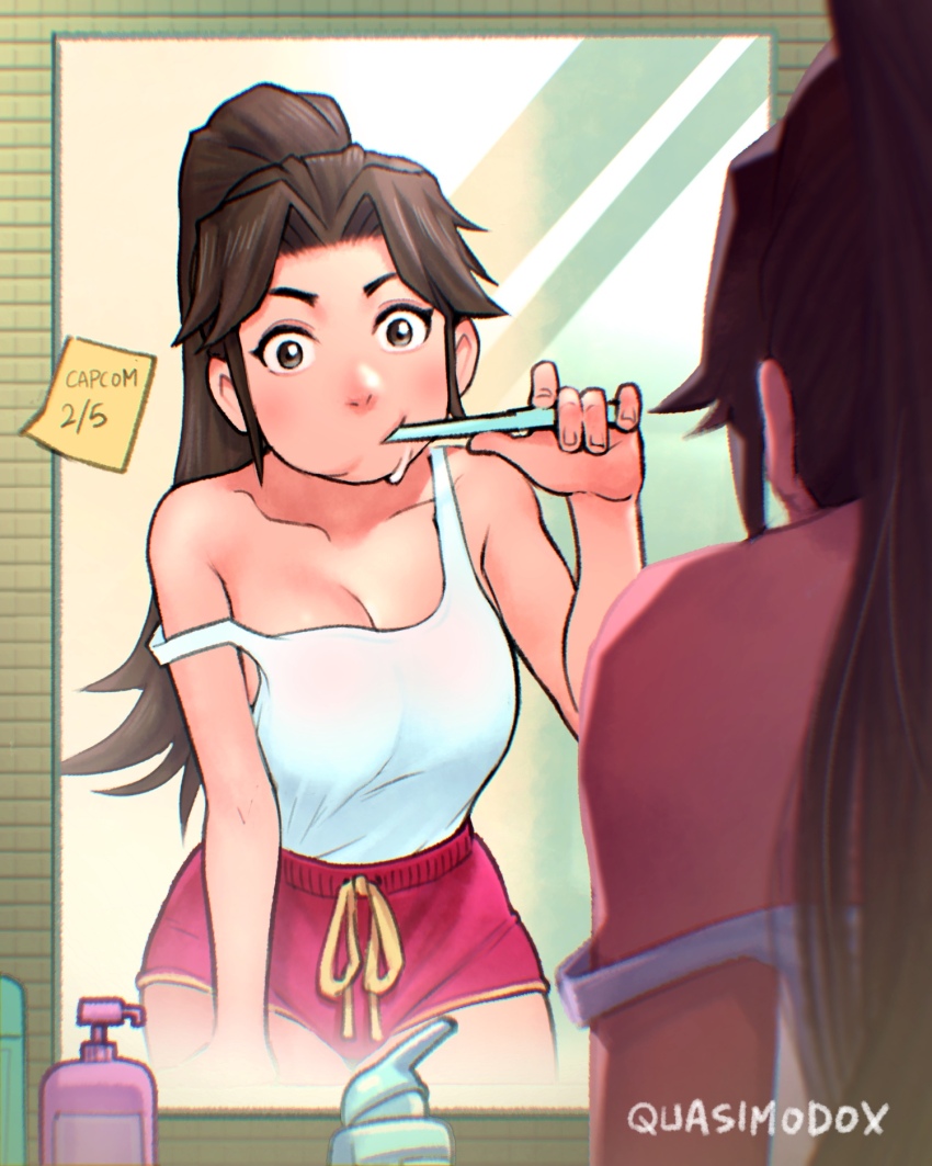 1girl artist_name black_tank_top brown_hair brushing_teeth cowboy_shot dated dolphin_shorts fatal_fury highres long_hair looking_at_mirror mirror ponytail quasimodox shiranui_mai shorts sink strap_slip street_fighter street_fighter_6 tank_top toothbrush