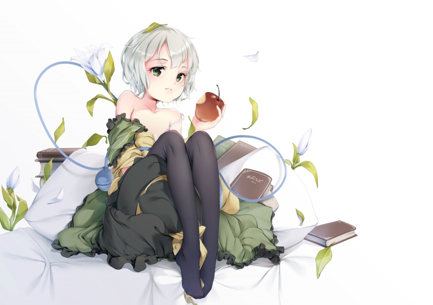 1girl an-telin bare_shoulders black_pantyhose book bra collarbone eating female_focus flower food frilled_skirt frilled_sleeves frills fruit full_body green_eyes green_hair green_skirt hair_between_eyes hat hat_ribbon highres holding holding_food holding_fruit knees_up komeiji_koishi leaf leaf_on_head legs looking_at_viewer off_shoulder pantyhose pout ribbon shirt short_hair sitting skirt solo strap_slip third_eye touhou underwear unworn_hat unworn_headwear white_bra yellow_ribbon yellow_shirt