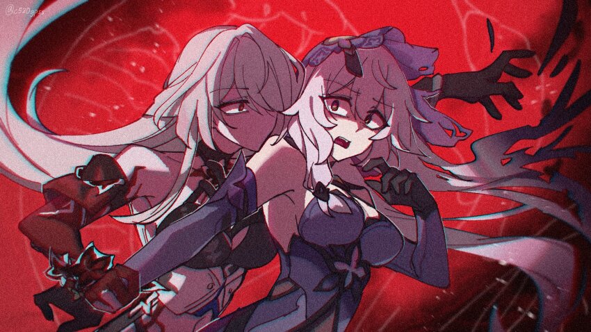 2girls acheron_(honkai:_star_rail) black_choker black_gloves black_swan_(honkai:_star_rail) body_markings c520gpss chain choker detached_sleeves dress elbow_gloves flower gloves hair_over_one_eye highres holding_hands honkai:_star_rail honkai_(series) long_hair midriff multiple_girls official_alternate_hair_color purple_dress purple_hair purple_veil red_eyes red_flower single_bare_shoulder veil white_hair