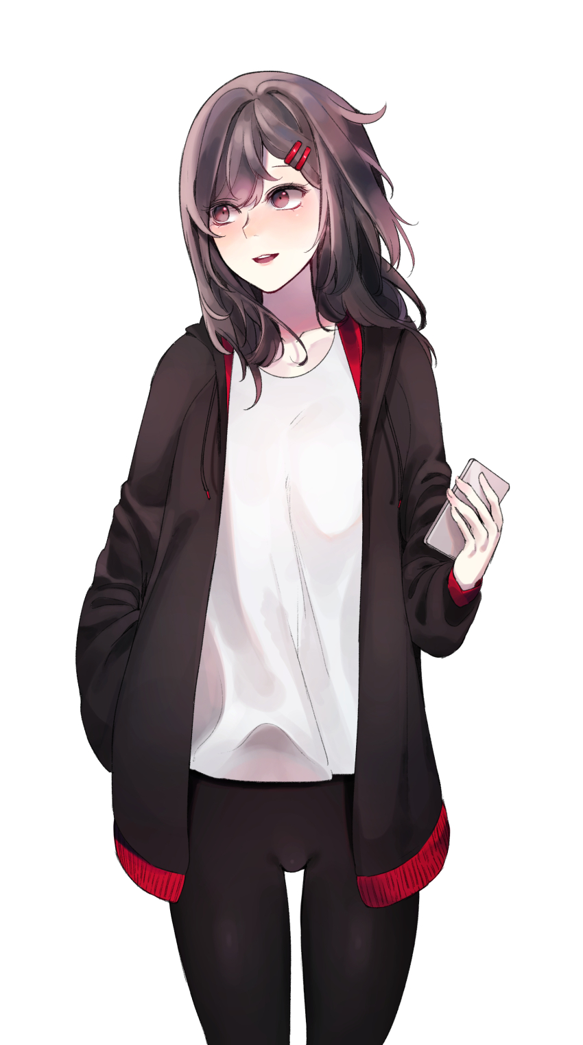 1girl absurdres alternate_costume black_jacket black_pantyhose blush brown_eyes brown_hair casual cellphone collarbone commentary cowboy_shot drawstring hair_ornament hair_over_shoulder hairclip hand_in_pocket highres holding holding_phone hood hood_down hooded_jacket jacket kagerou_project looking_to_the_side mekakucity_actors multicolored_clothes multicolored_jacket no_scarf open_clothes open_jacket open_mouth pantyhose phone rax_(pixiv_47057609) red_jacket shirt simple_background solo swept_bangs t-shirt tateyama_ayano teeth two-tone_jacket upper_teeth_only white_background white_shirt