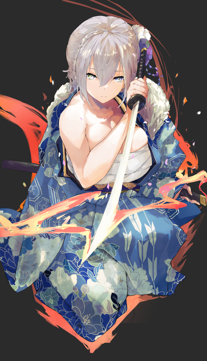 1girl absurdres alternate_costume black_background blue_haori breasts chest_sarashi closed_mouth commentary_request expressionless grey_eyes grey_hair haimura hand_up haori highres holding holding_sword holding_weapon hololive japanese_clothes katana large_breasts looking_at_viewer midriff_sarashi sarashi shirogane_noel short_hair simple_background solo sword virtual_youtuber weapon