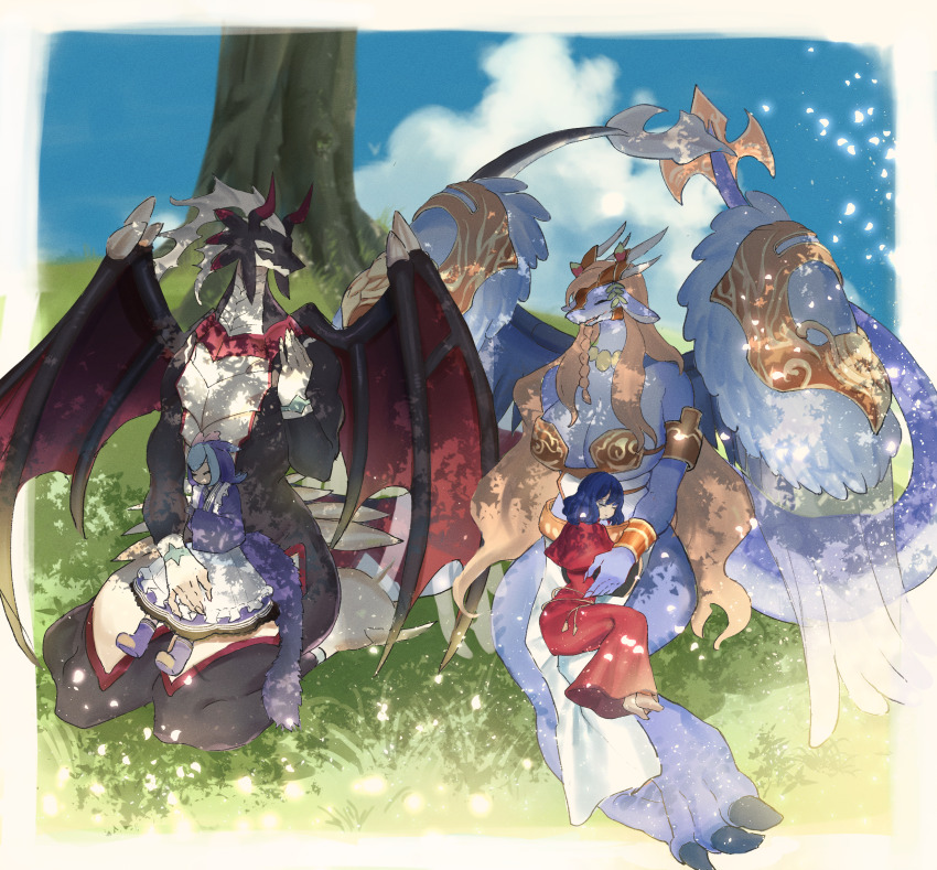 2girls blue_hair blue_skirt breasts cleavage closed_eyes dougaku_(passionpit777) dragon_girl dragon_horns dragon_tail dragon_wings dragonmaid_sheou duel_monster feathered_wings highres horns house_dragonmaid laundry_dragonmaid lo_the_prayers_of_the_voiceless_voice long_hair maid multiple_girls saffira_dragon_queen_of_the_voiceless_voice saffira_queen_of_dragons shade short_hair short_twintails skirt sleeping tail thighs twintails wa_maid wings yu-gi-oh!