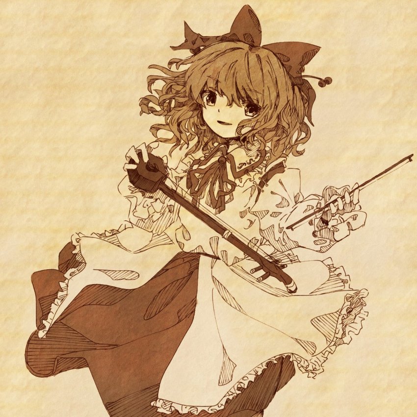 1girl ancient blonde_hair bow collared_shirt detached_sleeves erhu frilled_shirt_collar frills hair_bow instrument long_sleeves open_mouth red_bow red_neckwear red_ribbon red_skirt retrochaossan ribbon satsuki_rin shirt short_hair skirt touhou wavy_hair white_shirt yellow_eyes