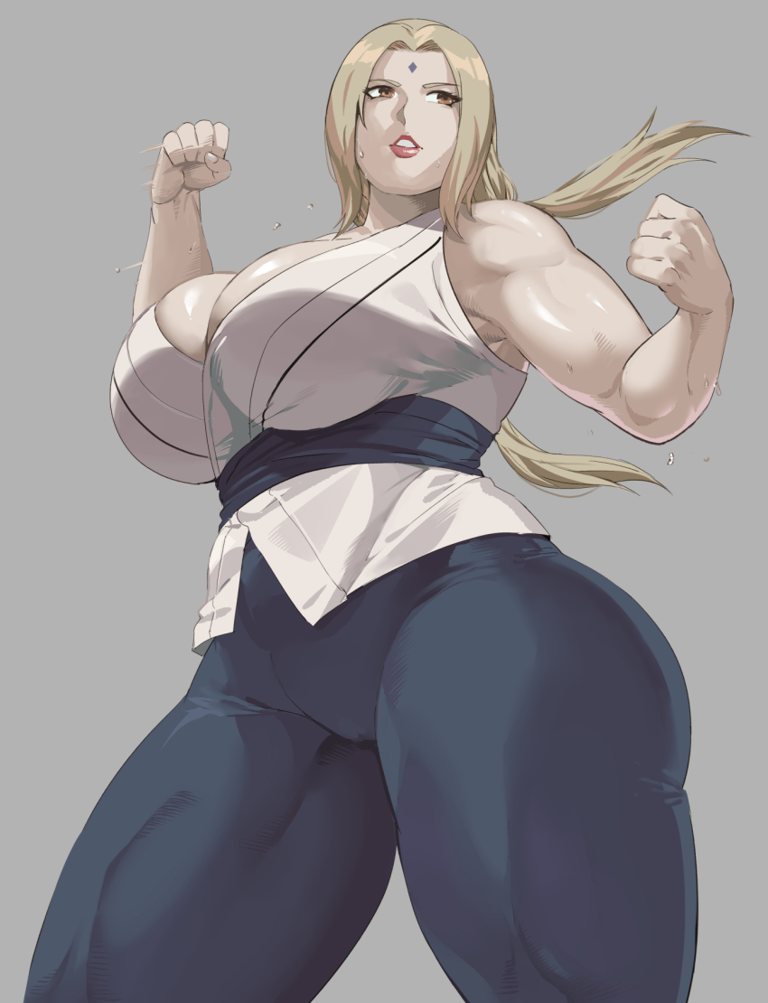 1girl black_pants blonde_hair breasts brown_eyes cleavage clenched_hands forehead_jewel from_below grey_background highres huge_breasts long_hair mature_female naruto_(series) obi pants ryopie sash shirt simple_background sleeveless sleeveless_shirt solo sweat toned toned_female tsunade_(naruto) white_shirt