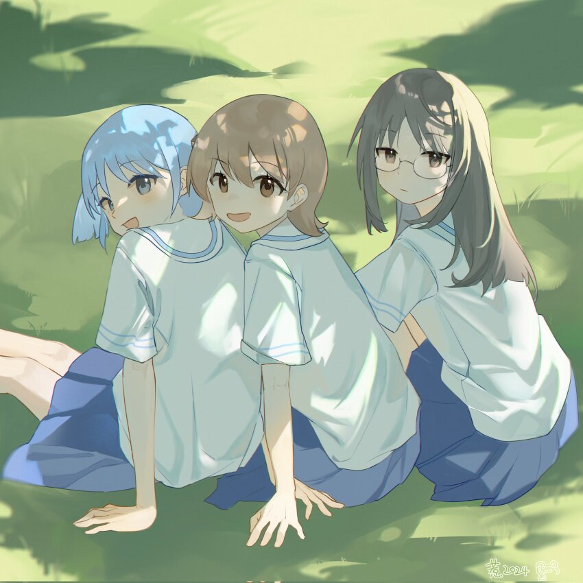 3girls aioi_yuuko arm_support black_eyes black_hair blue_eyes blue_hair blue_skirt brown_eyes brown_hair day grass highres long_hair looking_at_viewer minakami_mai multiple_girls naganohara_mio nichijou open_mouth outdoors photo-referenced pleated_skirt rereliu sailor_collar school_uniform shadow shirt sitting skirt tokisadame_school_uniform twintails white_sailor_collar white_shirt