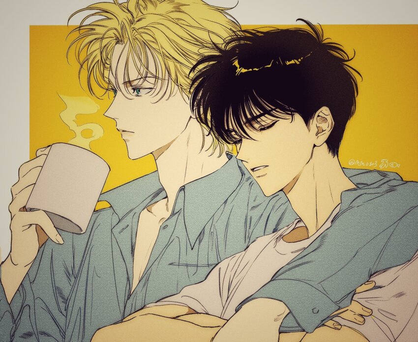 2boys arm_around_shoulder ash_lynx banana_fish black_hair blonde_hair blue_eyes blue_shirt closed_eyes coffee_mug collared_shirt crossed_arms cup highres holding holding_cup m_m_pb male_focus mug multiple_boys okumura_eiji shirt twitter_username two-tone_background upper_body white_shirt yaoi