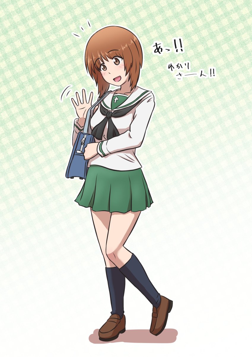 1girl absurdres bag black_neckerchief black_socks blouse brown_eyes brown_footwear brown_hair carrying commentary girls_und_panzer gradient_background green_background green_skirt heel_up highres lettuce-labo loafers long_sleeves looking_to_the_side miniskirt motion_lines neckerchief nishizumi_miho notice_lines ooarai_school_uniform open_mouth plaid_background pleated_skirt sailor_collar school_bag school_uniform serafuku shadow shirt shoes short_hair skirt smile socks solo standing translated waving white_sailor_collar white_shirt