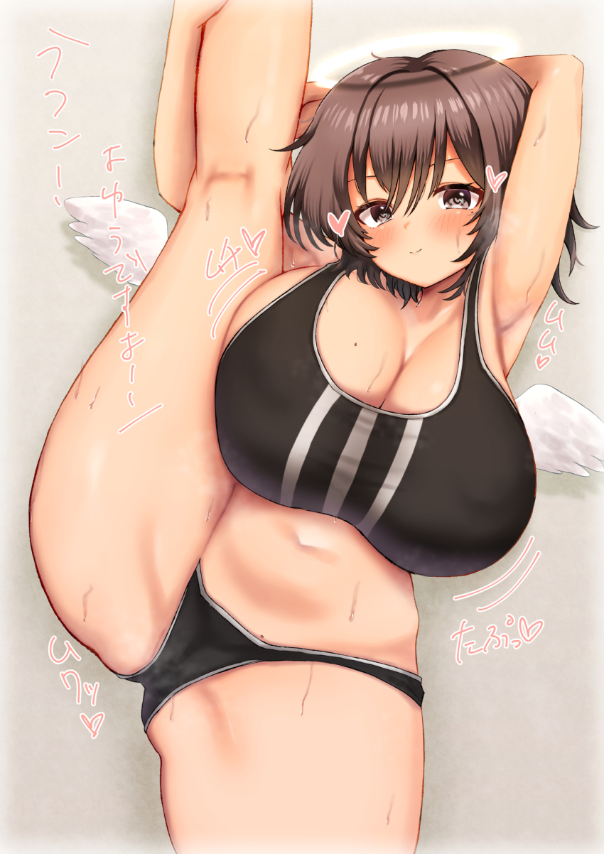 1girl angel angel_wings armpits black_panties black_sports_bra breasts brown_eyes brown_hair feathered_wings highres huge_breasts leg_lift leg_up navel original panties sho_(wnmf3234) short_hair solo split sports_bra standing standing_on_one_leg standing_split sweat underwear white_wings wings