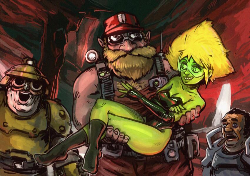 1girl 3boys :o absurdres armor beard belt blonde_hair carrying carrying_person cave chest_hair cigar clenched_teeth collarbone colored_skin commentary crossover deep_rock_galactic driller_(deep_rock_galactic) engineer_(deep_rock_galactic) english_commentary facial_hair full_body gloves goggles green_eyes green_skin gunner_(deep_rock_galactic) helmet highres joe_duncan leotard looking_at_another looking_at_viewer multiple_boys mustache pants peridot_(steven_universe) power_armor princess_carry red_pants sharp_teeth short_hair smoking steven_universe strapless strapless_leotard suspenders teeth upper_body