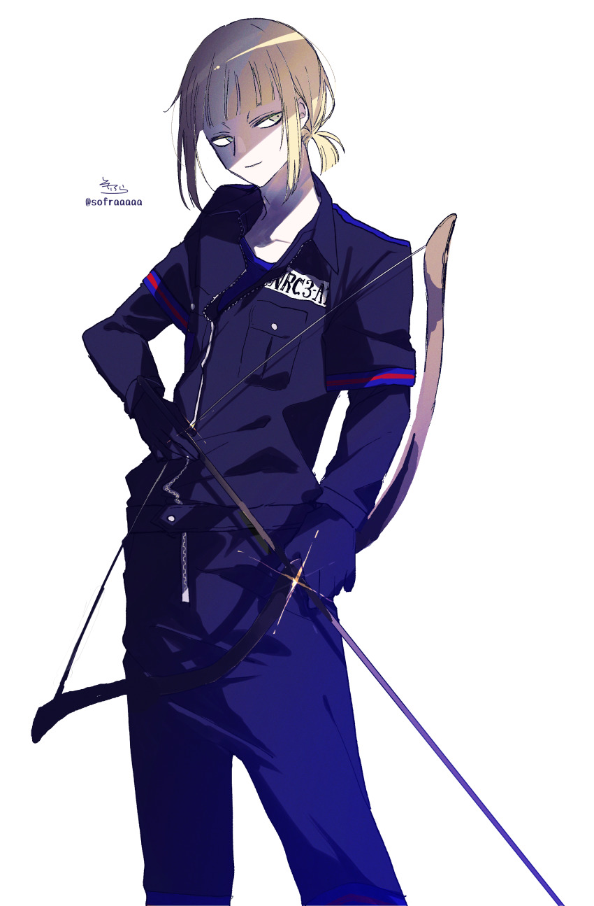 1boy absurdres arrow_(projectile) black_gloves black_jacket black_pants blonde_hair blue_shirt bow_(weapon) brown_eyes closed_mouth collarbone gloves highres holding holding_arrow holding_bow_(weapon) holding_weapon jacket light_smile long_sleeves low_ponytail male_focus pants ponytail rook_hunt shirt signature simple_background sofra standing twisted_wonderland twitter_username weapon white_background