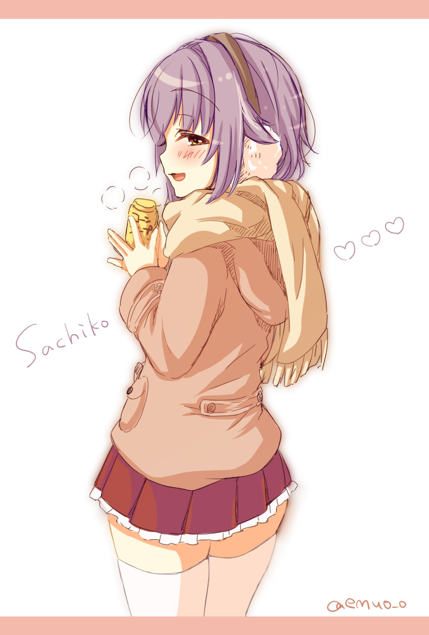 1girl blush brown_eyes earmuffs emu_(trigger) heart highres idolmaster idolmaster_cinderella_girls jacket koshimizu_sachiko miniskirt open_mouth purple_hair scarf short_hair skirt smile solo thighhighs white_thighhighs zettai_ryouiki