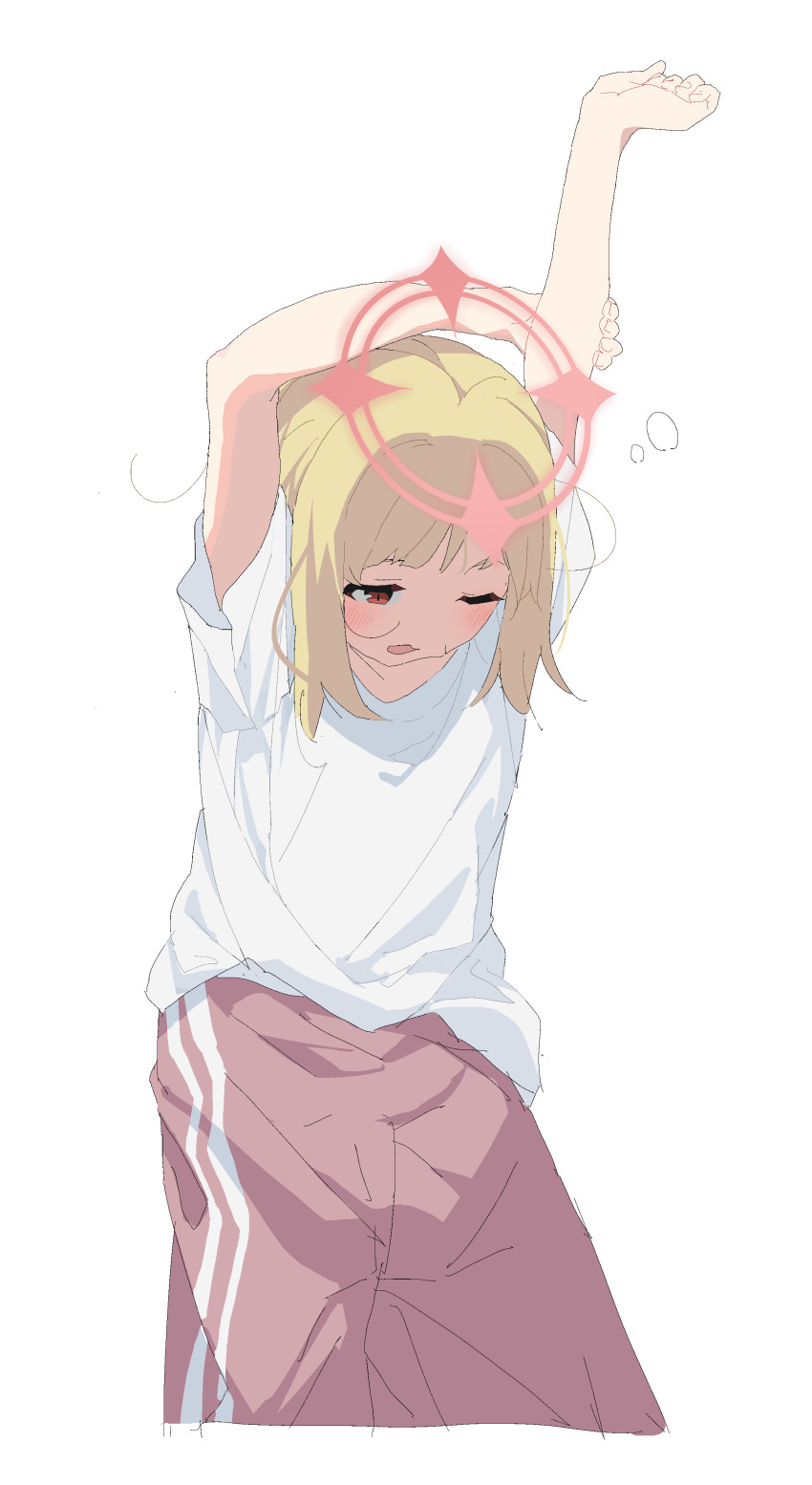 1girl absurdres alternate_costume arms_up blonde_hair blue_archive fuyubone halo highres momoi_(blue_archive) one_eye_closed open_mouth pants pink_halo red_eyes shirt short_hair short_sleeves simple_background solo stretching track_pants waking_up white_background white_shirt