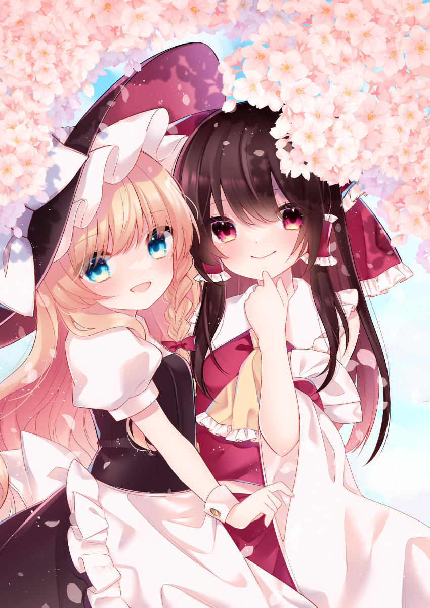 2girls absurdres alternate_eye_color apron arm_up ascot black_hair black_headwear black_skirt black_vest blonde_hair blue_eyes blue_sky braid cacao_(cacaomgmg) cherry_blossoms colored_inner_hair commentary_request cowboy_shot day detached_sleeves hair_between_eyes hair_ribbon hakurei_reimu hand_on_own_chin hat highres kirisame_marisa long_hair looking_at_viewer multicolored_hair multiple_girls open_mouth outdoors partial_commentary petals puffy_short_sleeves puffy_sleeves red_eyes red_skirt red_vest ribbon shirt short_sleeves single_braid skirt sky smile standing touhou tree under_tree very_long_hair vest waist_apron white_shirt witch_hat wrist_cuffs yellow_ascot