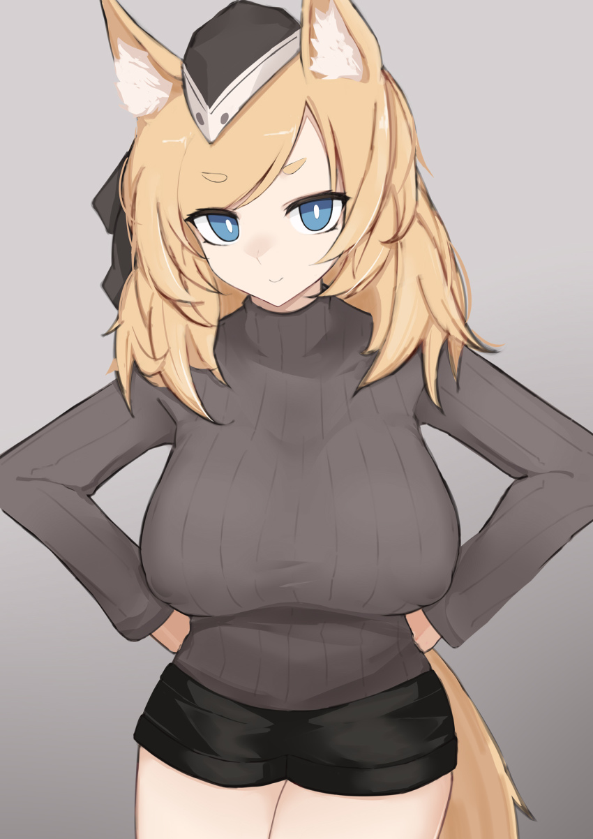 1girl alternate_costume animal_ears arknights black_shorts blonde_hair blue_eyes breasts bright_pupils brown_sweater closed_mouth cowboy_shot gradient_background grey_background hands_on_own_hips highres horse_ears horse_girl horse_tail impossible_clothes impossible_sweater kitorakito large_breasts long_hair long_sleeves looking_at_viewer short_shorts shorts smile solo sweater swept_bangs tail whislash_(arknights)