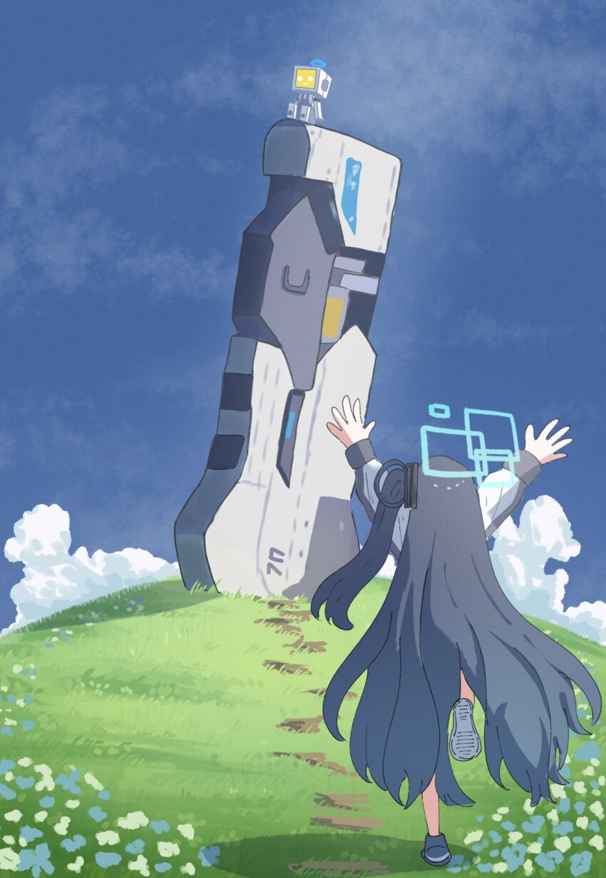 1girl aris_(blue_archive) black_hair blue_archive blue_sky cloud facing_away flower grass halo hand_up hashtag-only_commentary highres huge_weapon kei_(robot)_(blue_archive) long_hair miaki_(mi_autumn39) railgun robot running shoes side_ponytail sky solo weapon