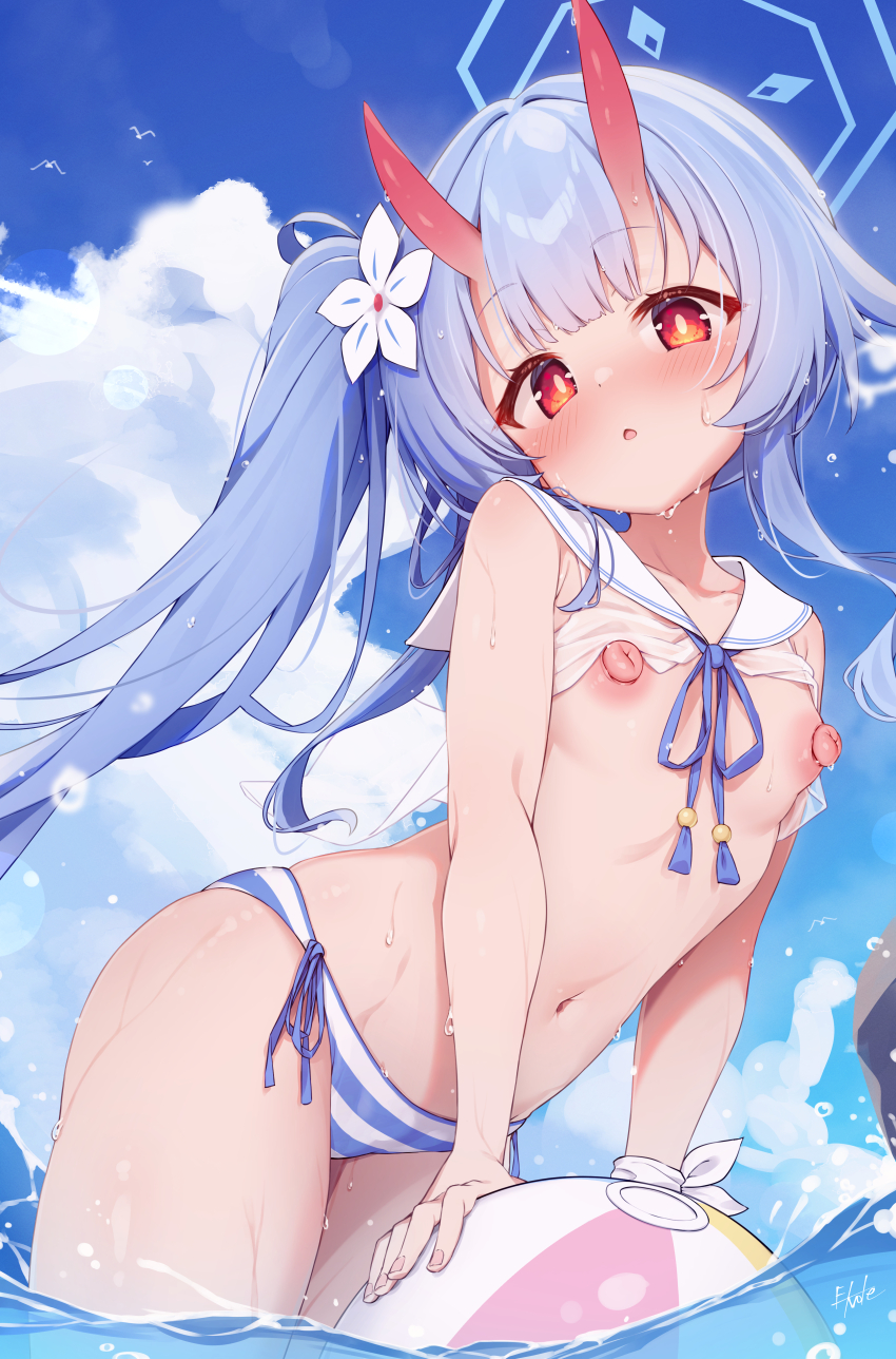 1girl :o absurdres ball bare_arms beachball bikini bird blue_archive blue_hair blue_halo blush breasts bright_pupils camisole chise_(blue_archive) chise_(swimsuit)_(blue_archive) clothes_lift cloud day e-note flower gradient_horns hair_flower hair_ornament halo head_tilt highres horns leaning_forward long_hair looking_at_viewer multicolored_horns navel nipples ocean outdoors red_eyes red_horns ribbon sailor_bikini sailor_collar seagull see-through_clothes see-through_camisole shirt_lift side-tie_bikini_bottom side_ponytail signature skin-covered_horns sky small_breasts solo standing striped_bikini striped_clothes summer swimsuit two-tone_bikini wading wet white_flower white_sailor_collar wrist_ribbon