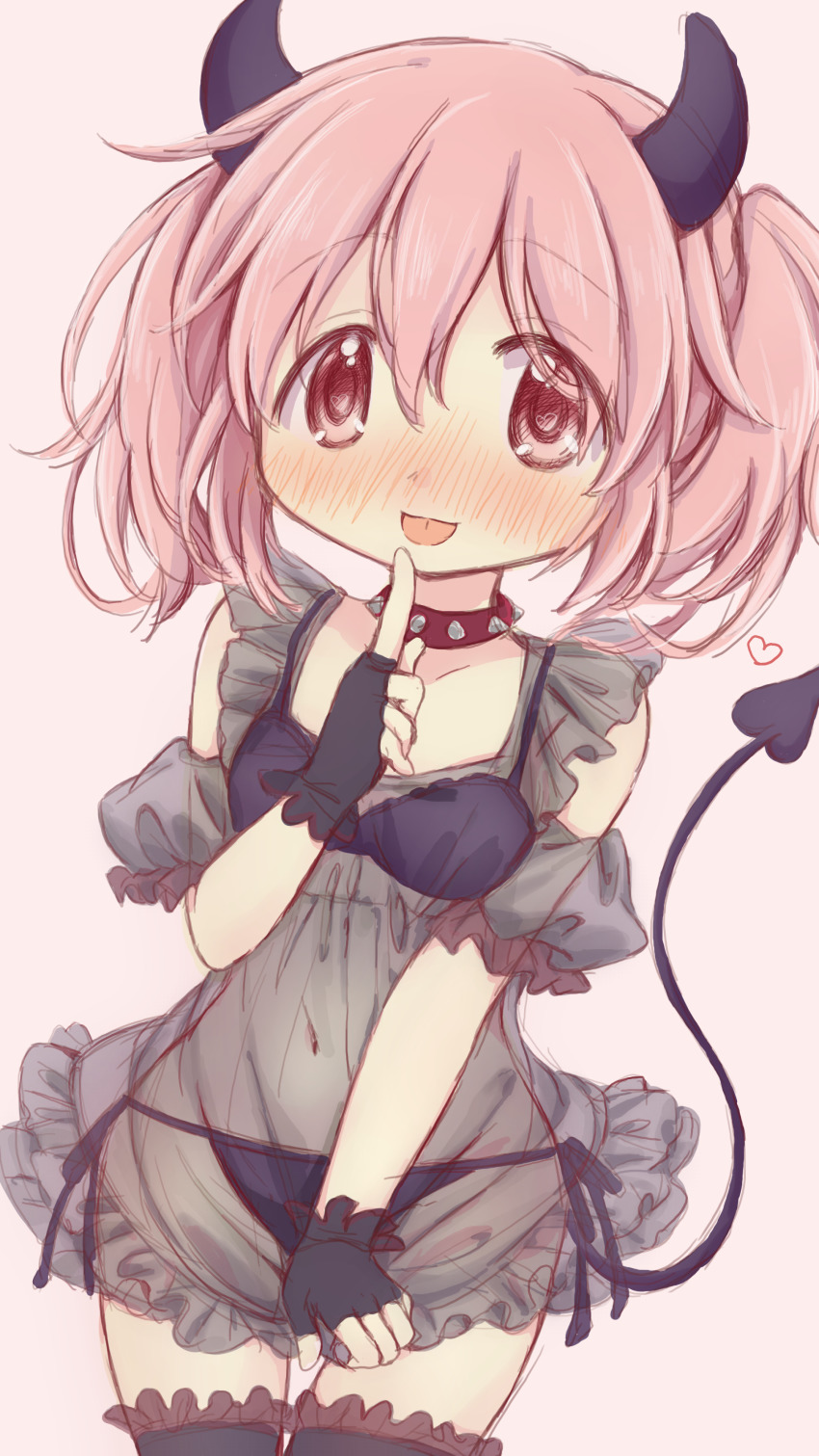 absurdres bad_id bad_pixiv_id black_bra black_legwear black_panties bra choker demon_horns demon_tail finger_to_mouth highres hitode horns kaname_madoka mahou_shoujo_madoka_magica mahou_shoujo_madoka_magica_(anime) panties pink_eyes pink_hair see-through_clothes short_hair side-tie_panties solo spiked_choker spikes tail twintails underwear