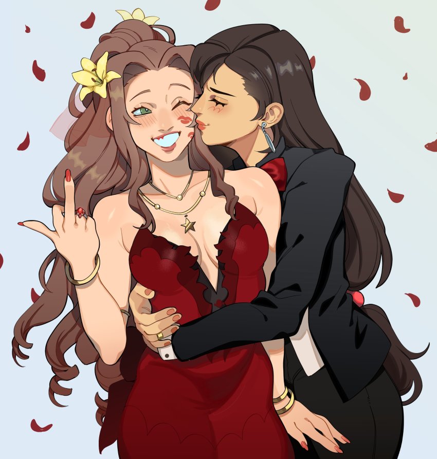 2girls absurdres aerith_gainsborough aerith_gainsborough_(red_dress) breasts brown_hair closed_eyes dress earrings final_fantasy final_fantasy_vii final_fantasy_vii_remake fingernails floating_earring flower green_eyes grey_background grin hair_flower hair_intakes hair_ornament hair_pulled_back highres hug jacket jewelry kissing_cheek lipstick_mark long_fingernails long_hair low-tied_long_hair medium_breasts middle_finger multiple_girls nail_polish necktie official_alternate_costume pants petals ponytail porqueloin red_dress ring ringlets rose_petals simple_background sleeveless sleeveless_dress smile square_enix standing tifa_lockhart wall_market yuri