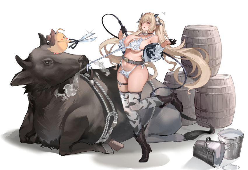 1girl absurdres animal_ears animal_print ankle_boots azur_lane bare_shoulders barrel bell bikini black_gloves blonde_hair boots breasts bucket bucket_spill bull commentary_request cow_ears cow_horns cow_print cow_print_jacket cow_print_thighhighs cowbell cropped_jacket fake_animal_ears fake_horns fringe_trim gloves half_gloves highres holding holding_scissors horns jacket kersaint_(a_saint&#039;s_mercy_can_do_no_wrong)_(azur_lane) kersaint_(azur_lane) large_breasts long_hair looking_at_viewer manjuu_(azur_lane) navel official_alternate_costume one_eye_closed open_clothes open_jacket print_thighhighs red_eyes scissors spill standing standing_on_one_leg swimsuit thighhighs thighs twintails very_long_hair white_bikini yoyoleaf