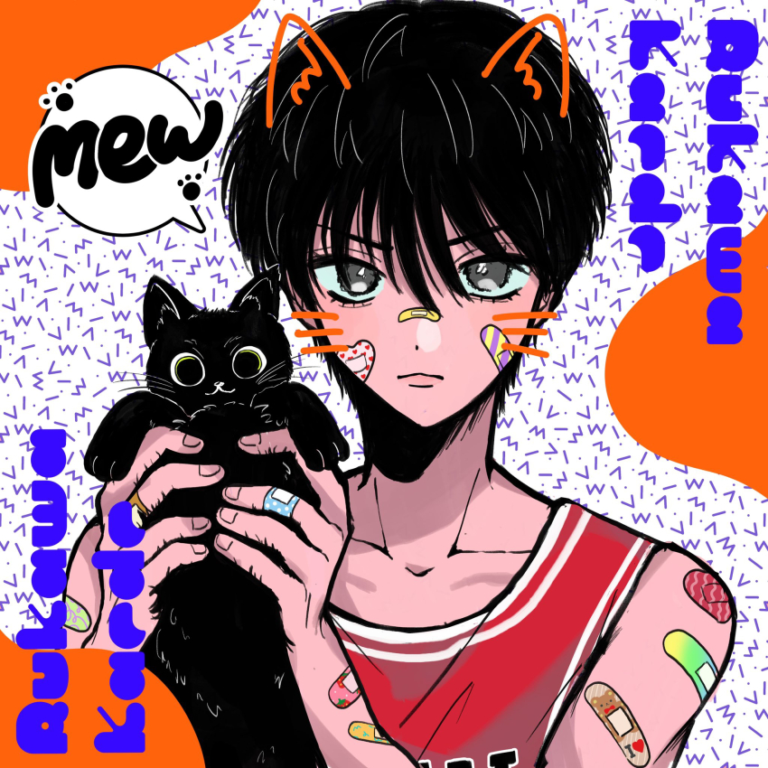 1boy animal bandaid bandaid_on_arm bandaid_on_face bandaid_on_finger bandaid_on_nose basketball_jersey black_cat black_eyes black_hair cat character_name drawn_ears drawn_whiskers facing_viewer hair_between_eyes highres holding holding_animal holding_cat marinat0530 rukawa_kaede short_hair slam_dunk_(series) sportswear