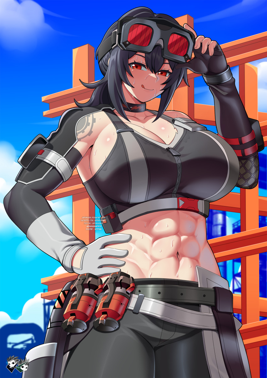 1girl abs absurdres breasts cleavage female_focus fingerless_gloves gloves goggles grace_howard hand_on_own_hip highres jadenkaiba large_breasts licking_lips looking_at_viewer medium_hair navel ponytail red_eyes solo sweat tattoo tongue tongue_out zenless_zone_zero