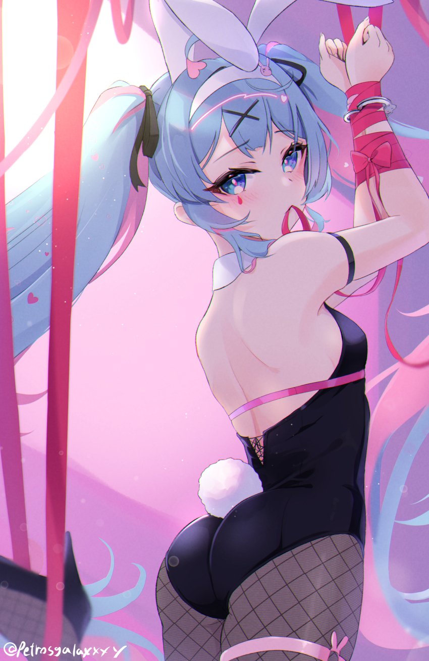 1girl absurdres animal_ears arm_strap ass black_leotard black_ribbon blue_eyes blue_hair bound bound_wrists cowboy_shot facial_mark fake_animal_ears fake_tail fishnet_pantyhose fishnets floating_hair grey_pantyhose hair_ribbon hairband hatsune_miku highres leotard long_hair looking_at_viewer mouth_hold multicolored_hair pantyhose peteron pink_hair pink_ribbon playboy_bunny rabbit_ears rabbit_hole_(vocaloid) rabbit_tail ribbon shoulder_blades skindentation solo standing tail twitter_username two-tone_hair very_long_hair vocaloid white_hairband