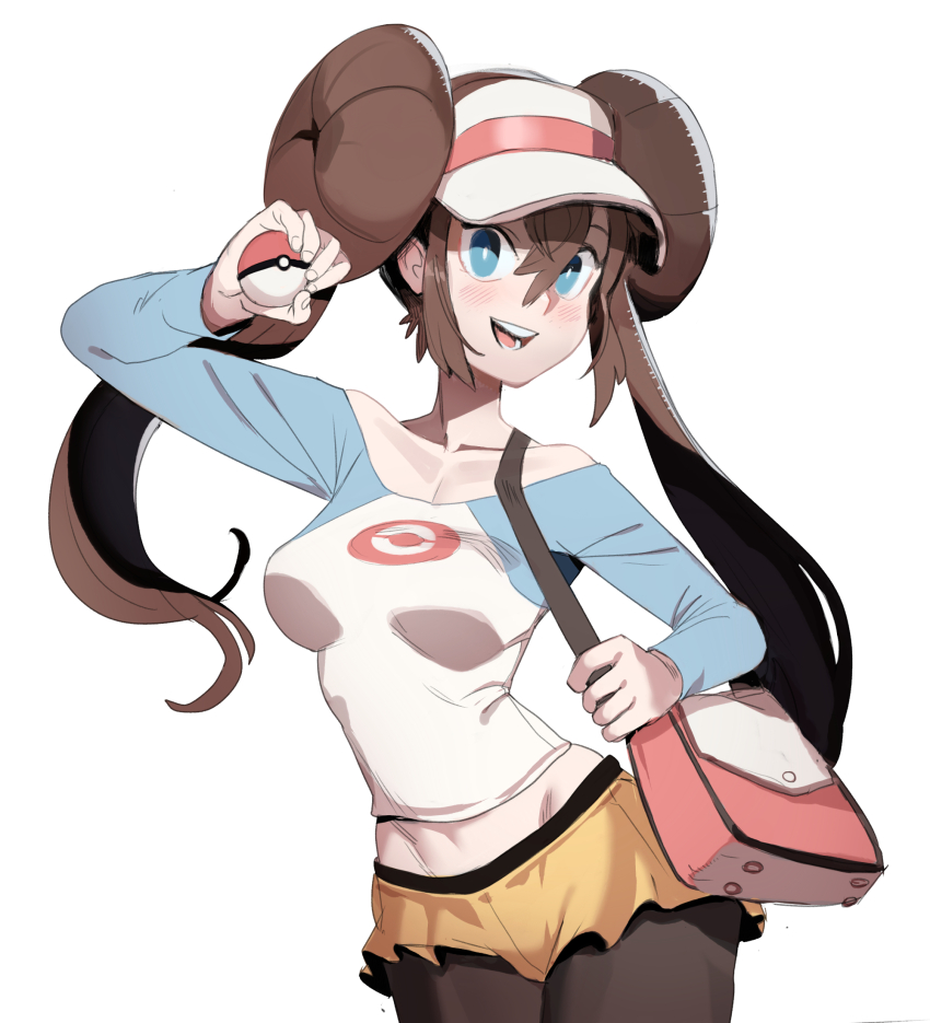 bag breasts brown_hair brown_pantyhose collarbone creatures_(company) double_bun game_freak hair_bun highres holding holding_poke_ball long_sleeves looking_at_viewer medium_breasts nintendo open_mouth pantyhose poke_ball pokemon pokemon_bw2 rosa_(pokemon) sho-n-d shoulder_bag simple_background skirt smile solo standing teeth tongue twintails visor_cap white_background yellow_skirt