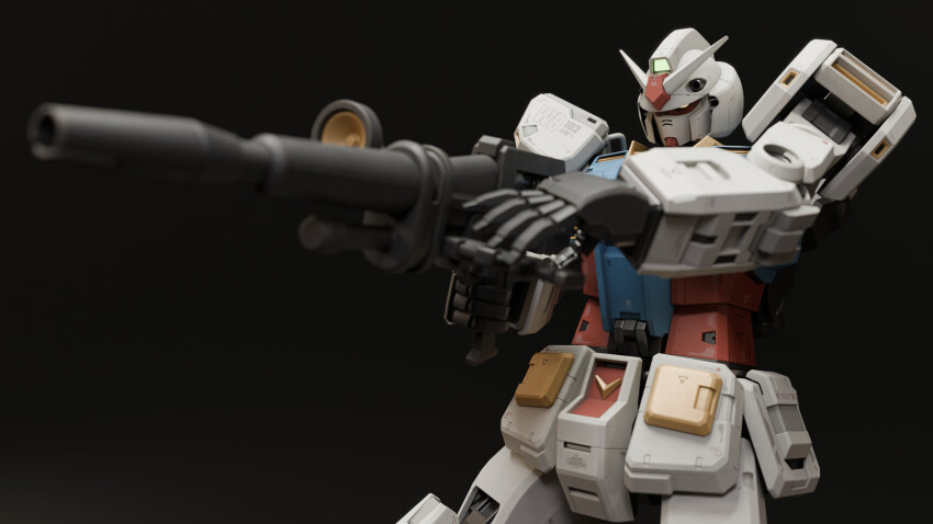 3d absurdres aiming beam_rifle black_background blender_(medium) blurry blurry_foreground commentary energy_gun english_commentary gundam highres machinery mecha mecha_focus mjeff mobile_suit mobile_suit_gundam no_humans realistic robot rx-78-2 science_fiction scope upper_body v-fin weapon yellow_eyes