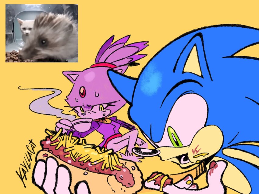 1boy 1girl artist_name blaze_the_cat blue_fur cat chili_dog cup eating food food_in_mouth food_on_face forehead_jewel furry furry_female furry_male gloves green_eyes hedgehog highres holding holding_cup kaylla photo_inset ponytail purple_fur reference_inset simple_background sonic_(series) sonic_the_hedgehog teacup white_gloves yellow_background yellow_eyes