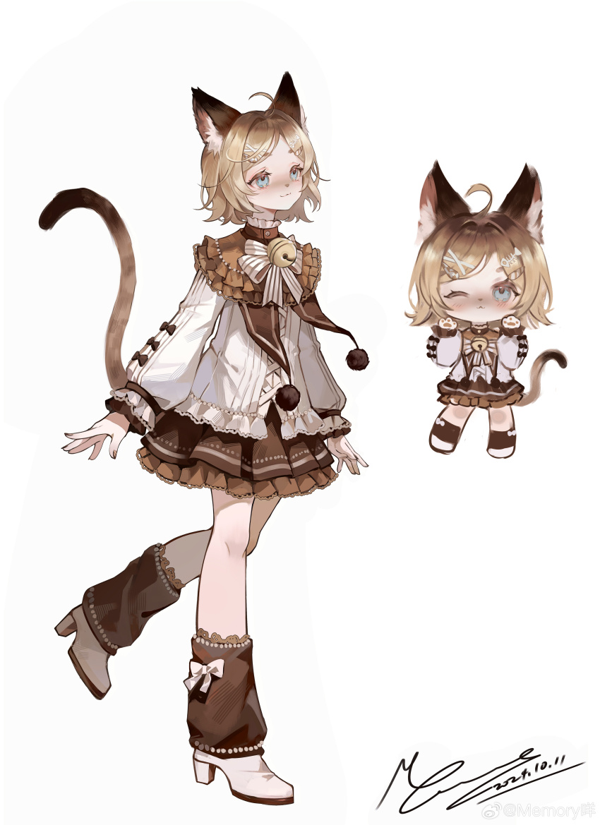 1girl absurdres ahoge animal_ear_fluff animal_ears animal_hands black_bow blonde_hair blue_eyes boots bow bow_legwear brown_capelet brown_collar brown_leg_warmers brown_skirt capelet cat_ears cat_girl cat_tail chibi chinese_commentary closed_mouth collar commentary_request cross-laced_clothes cross-laced_top dated eyelashes fish_bone fish_bone_hair_ornament frilled_capelet frilled_collar frilled_shirt frilled_skirt frilled_sleeves frills full_body hair_ornament hairclip high_heel_boots high_heels highres kagamine_rin knees lace lace-trimmed_leg_warmers lace-trimmed_skirt lace_trim leg_warmers light_blush light_smile long_sleeves looking_ahead looking_at_viewer mie_haha miniskirt multiple_views one_eye_closed paw_pose pawpads pleated_skirt pom_pom_(clothes) puffy_long_sleeves puffy_sleeves ribbon-trimmed_leg_warmers ribbon_trim shirt short_hair signature simple_background skirt sleeve_bow standing tail vocaloid weibo_watermark white_background white_bow white_footwear white_shirt