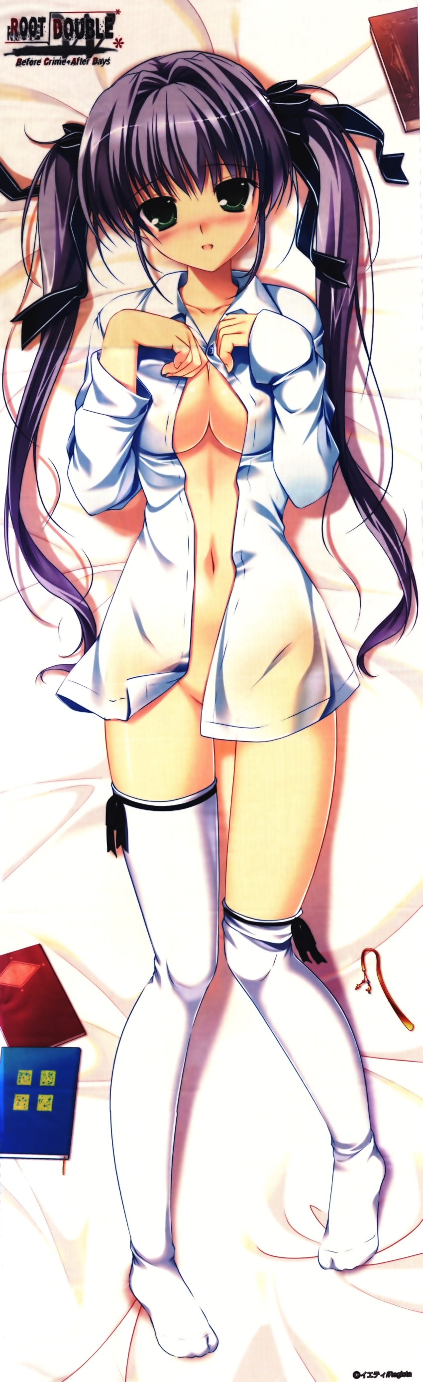 1girl absurdres blush book breasts cleavage copyright_name dakimakura_(medium) dress_shirt feet female_focus full-face_blush green_eyes hair_ribbon highres huge_filesize kotono_yuuri legs light_purple_hair long_hair long_image lying mikeou navel no_bra no_panties no_shoes on_back open_clothes open_shirt ribbon root_double_-before_crime_after_days- shirt smile solo tall_image thighhighs thighhighs_pull twintails very_long_hair watermark white_thighhighs