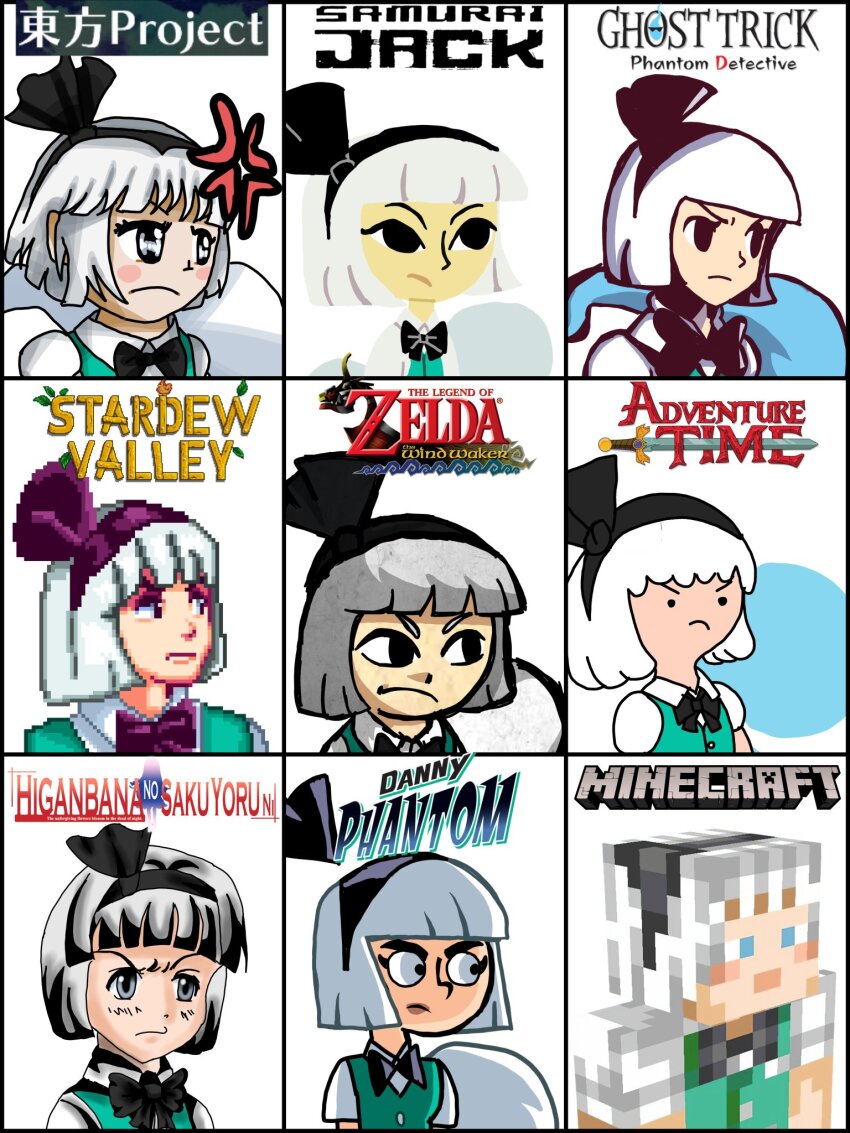 1girl adventure_time anger_vein black_bow black_bowtie black_eyes black_hairband bob_cut bow bowtie butch_hartman_(style) closed_mouth commentary danny_phantom english_commentary ghost_trick green_vest grey_hair hair_bow hairband higanbana_no_saku_yoru_ni highres konpaku_youmu looking_afar minecraft minecraft_(style) multiple_style_parody nintendo parody pixel_art samurai_jack short_hair simple_background stardew_valley style_parody the_legend_of_zelda the_legend_of_zelda:_the_wind_waker thesupermarco64 toon_(style) touhou upper_body v-shaped_eyebrows vest white_background white_hair zun_(style)