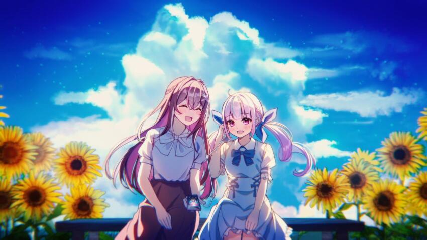 2girls :d adjusting_headphones ahoge alternate_costume aqua_hair azki_(hololive) black_hair blue_bow blue_bowtie blue_dress blue_ribbon blue_sky blunt_bangs blush bow bowtie braid brown_skirt cellphone closed_eyes cloud collared_shirt colored_inner_hair commentary_request cumulonimbus_cloud day double-parted_bangs dress drill_hair fanged_bangs flower frilled_dress frills hair_flower hair_intakes hair_ornament hair_ribbon hairclip half_up_braid hand_on_own_knee hand_up high-waist_skirt highres holding holding_phone hololive long_hair loose_bowtie minato_aqua mole mole_under_eye multicolored_hair multiple_girls official_art on_bench open_mouth outdoors phone pink_hair puffy_short_sleeves puffy_sleeves purple_eyes purple_hair ribbon sakura_(39ra) second-party_source shared_headphones shirt shirt_tucked_in short_sleeves sidelocks sitting skirt sky smartphone smile streaked_hair sunflower twin_drills twintails two-tone_hair virtual_youtuber white_bow white_bowtie white_hair white_shirt