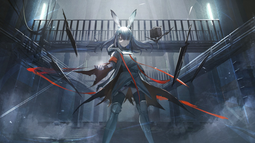 1girl absurdres animal_ears arknights armband armor black_thighhighs commentary_request commission facial_scar feet_out_of_frame frostnova_(arknights) frown glaring gloita grey_eyes grey_hair hair_ornament hair_over_one_eye hairclip highres indoors long_hair looking_at_viewer magic one_eye_covered orange_armband orange_ribbon partial_commentary rabbit_ears rabbit_girl ribbon scar scar_on_cheek scar_on_face scar_on_nose science_fiction scowl skeb_commission solo standing thighhighs