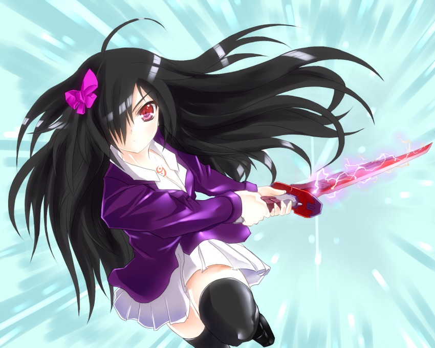 1girl ahoge black_hair black_thighhighs border_break bow breasts cleavage electricity female_focus gradient_background hair_bow hair_over_one_eye highres long_hair magu_(mugsfc) pleated_skirt red_eyes skirt solo sword thighhighs weapon zettai_ryouiki