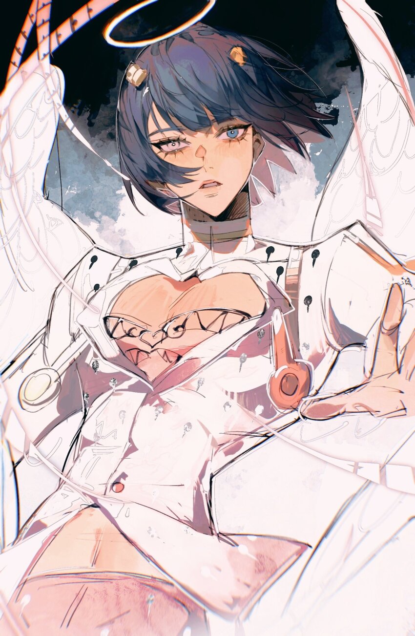 1boy angel angel_wings animal_print bishounen black_hair blue_eyes bob_cut bruno_bucciarati hair_ornament hairclip highres jojo_no_kimyou_na_bouken pectoral_cleavage pectorals polka_dot_hair puppetjackmj solo tiger_print vento_aureo wings