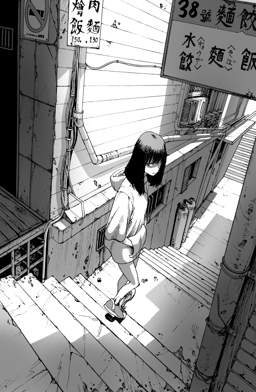 1girl absurdres black_hair building commentary condenser_unit day full_body gas_cylinder greyscale gutter hair_over_one_eye hands_in_pockets highres hood hoodie medium_hair monochrome no_socks omao original outdoors shoes sign sneakers solo stairs standing sunlight window wire