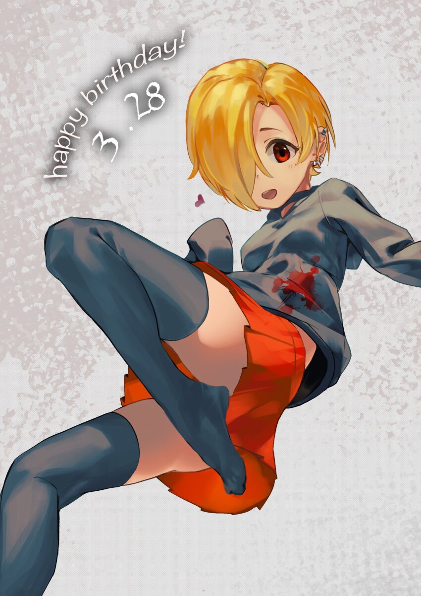 1girl absurdres black_hoodie black_thighhighs blonde_hair blood blood_stain convenient_leg ear_piercing from_below hair_over_one_eye happy_birthday heart highres hood hoodie idolmaster idolmaster_cinderella_girls long_sleeves looking_at_viewer open_mouth piercing red_eyes red_skirt shirasaka_koume short_hair skirt sleeves_past_fingers sleeves_past_wrists smile solo takesoboro thighhighs