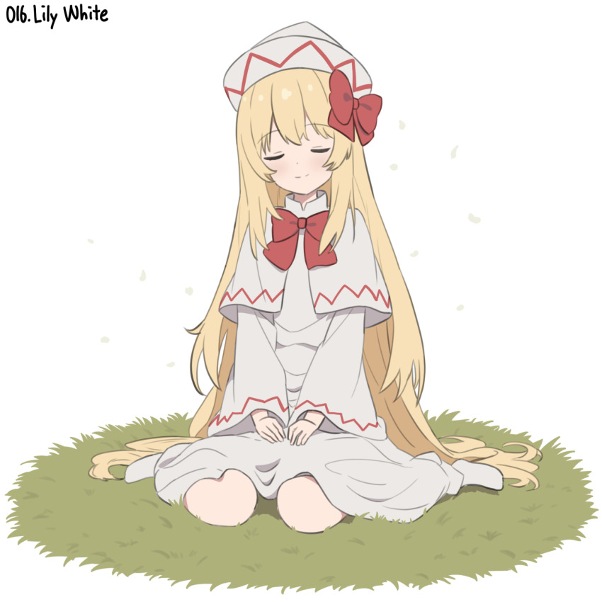 1girl absurdly_long_hair blonde_hair bow bowtie capelet character_name closed_eyes closed_mouth commentary_request dress english_text hair_bow hat highres lily_white long_hair long_sleeves on_grass red_bow red_bowtie sitting smile snackdang socks solo touhou very_long_hair white_capelet white_dress white_hat white_socks