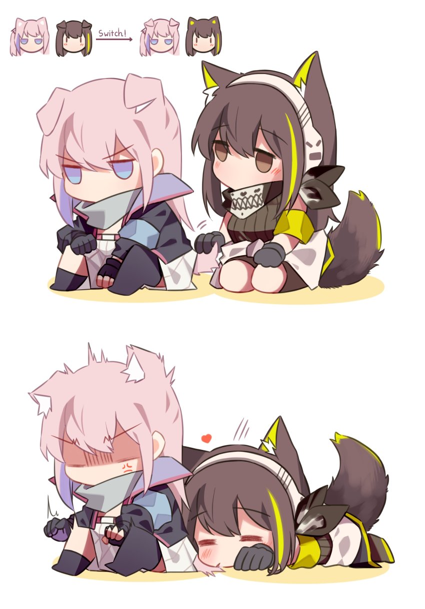 2girls absurdres anger_vein animal_ears armband black_gloves blush brown_eyes brown_hair chibi closed_eyes commentary dog_ears dog_girl dog_tail english_commentary girls&#039;_frontline gloves headphones highres jacket long_hair long_sleeves m4a1_(girls&#039;_frontline) multicolored_hair multiple_girls pink_hair purple_eyes purple_hair scarf shaded_face simple_background sitting st_ar-15_(girls&#039;_frontline) streaked_hair tail white_background yuutama2804